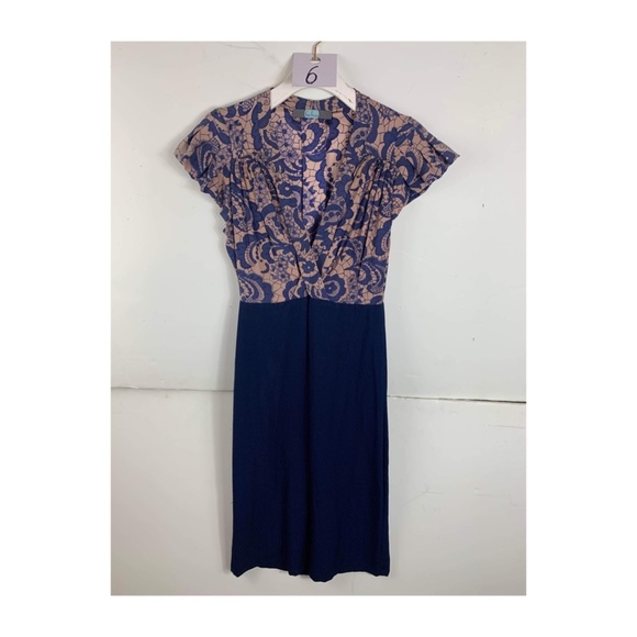 Anthropologie Eva Franco Blue Office Bodycon Fitted V-neckline Lace Midi Dress - Picture 1 of 2